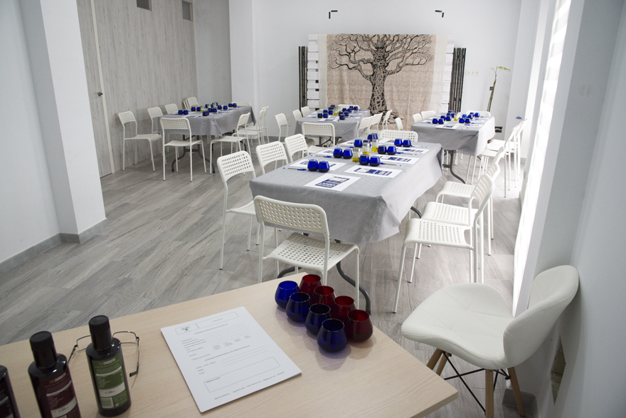 Espacio para la cata de aceite de oliva virgen extra en la sala de usos múltiples de Pachamama Cazorla