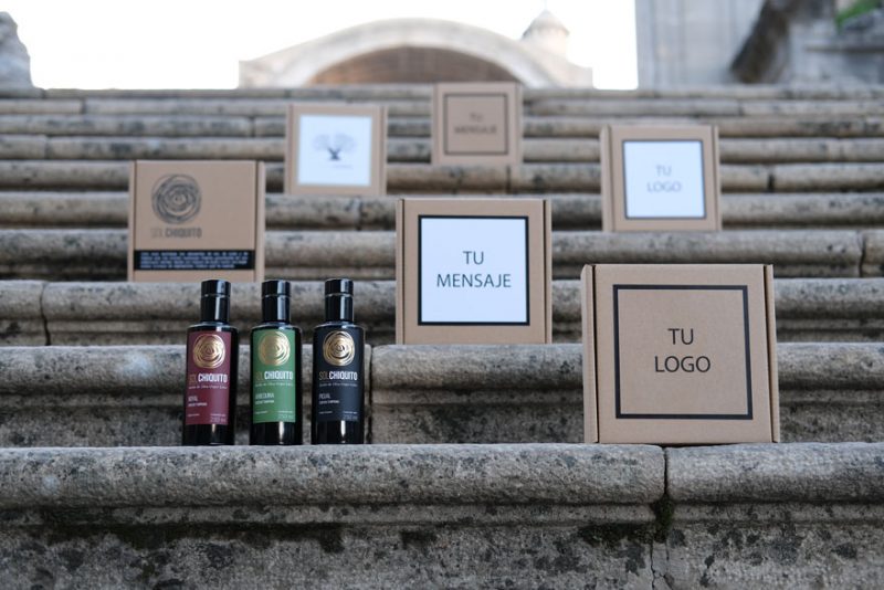 Gift-box with three early harvest extra virgin olive oil bottles of picual royal and arbequina varieties