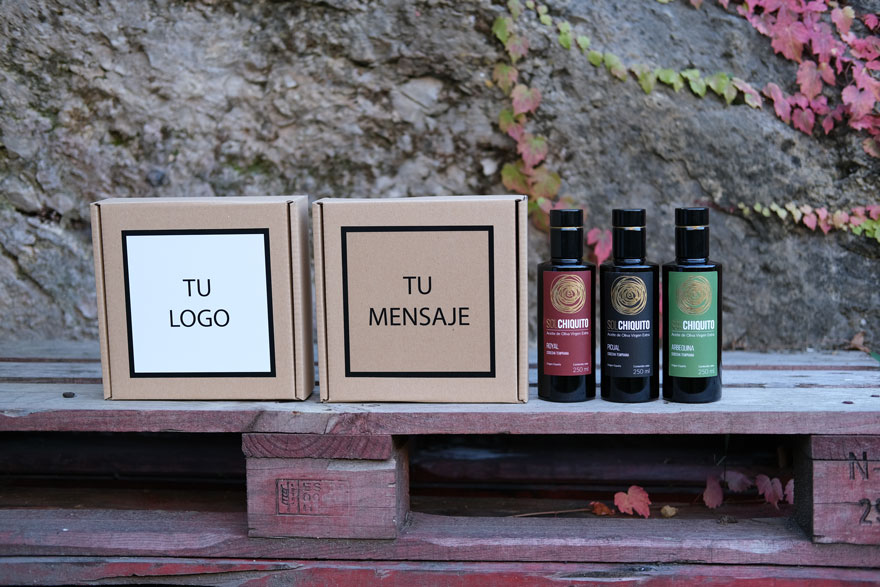 Gift-box with three early harvest extra virgin olive oil bottles of picual royal and arbequina varieties