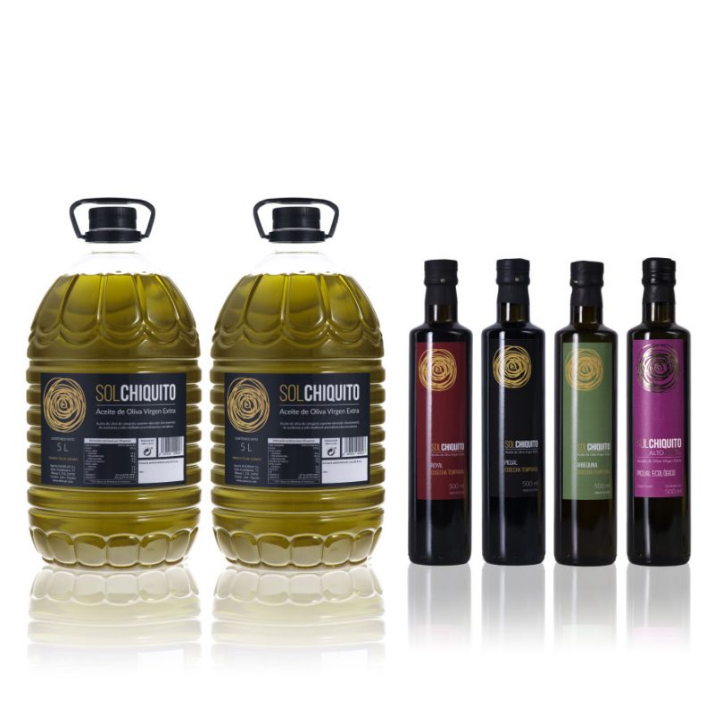2 CAMPAIGN SOL CHIQUITO PICUAL EVOO PET BOTTLES OF 5 LITRES WITH 4 EARLY HARVEST 500 ML BOTTLES OF ARBEQUINA, PICUAL, ROYAL AND ECOLOGICAL PICUAL