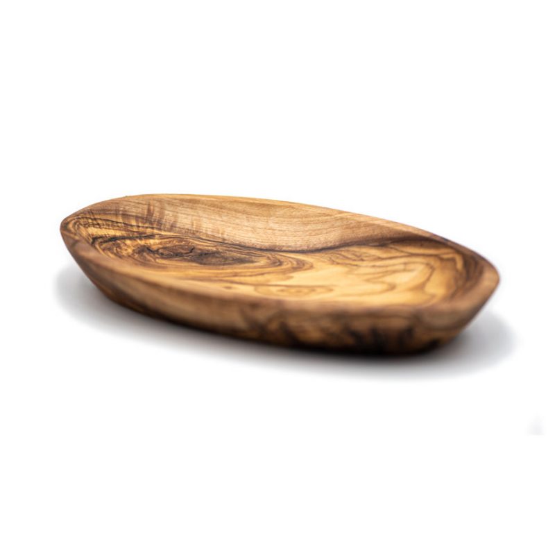 Plato de aperitivo elíptico de madera de olivo.