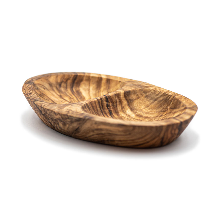 Plato de aperitivo de dos hoyos de madera de olivo.