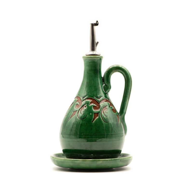 Aceitera cerámica artesanal verde con platillo y dosificador antigoteo